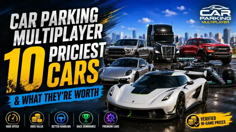 Car Parking Multiplayer 10 most expensive cars including Koenigsegg Jesko, Porsche 911, Mercedes AMG F1, and other premium vehicles
