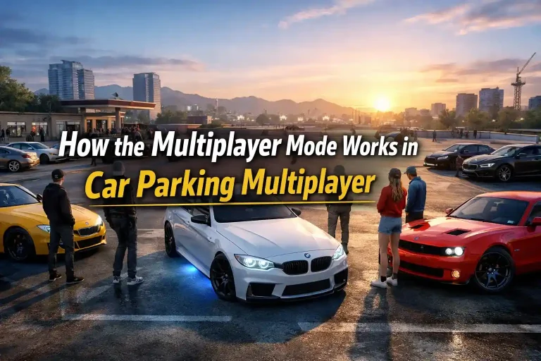 Players gathered in car parking multiplayer mode showing customized cars in an open parking lot at sunset
