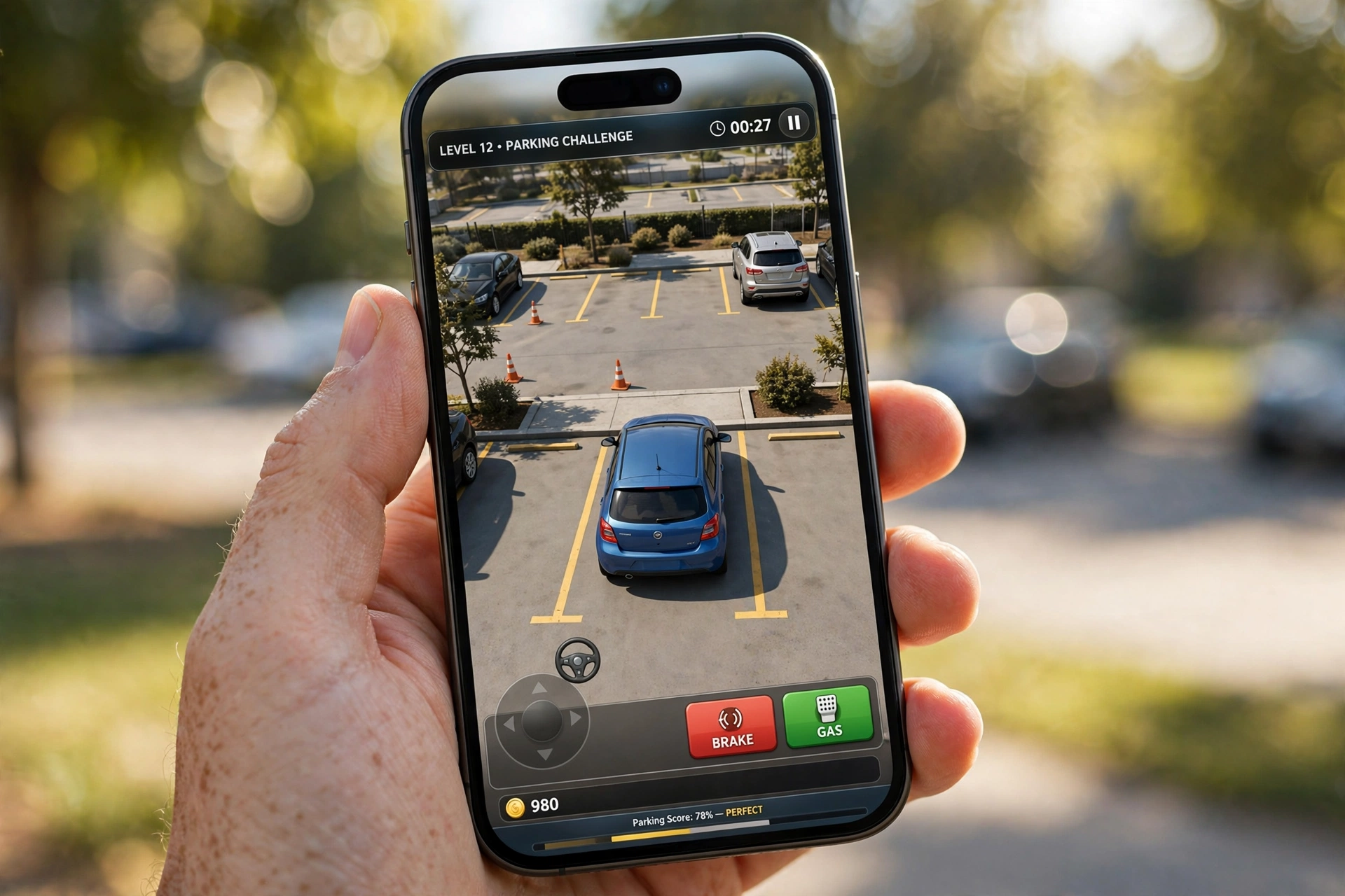 Hand holding iPhone while playing Car Parking Multiplayer 2