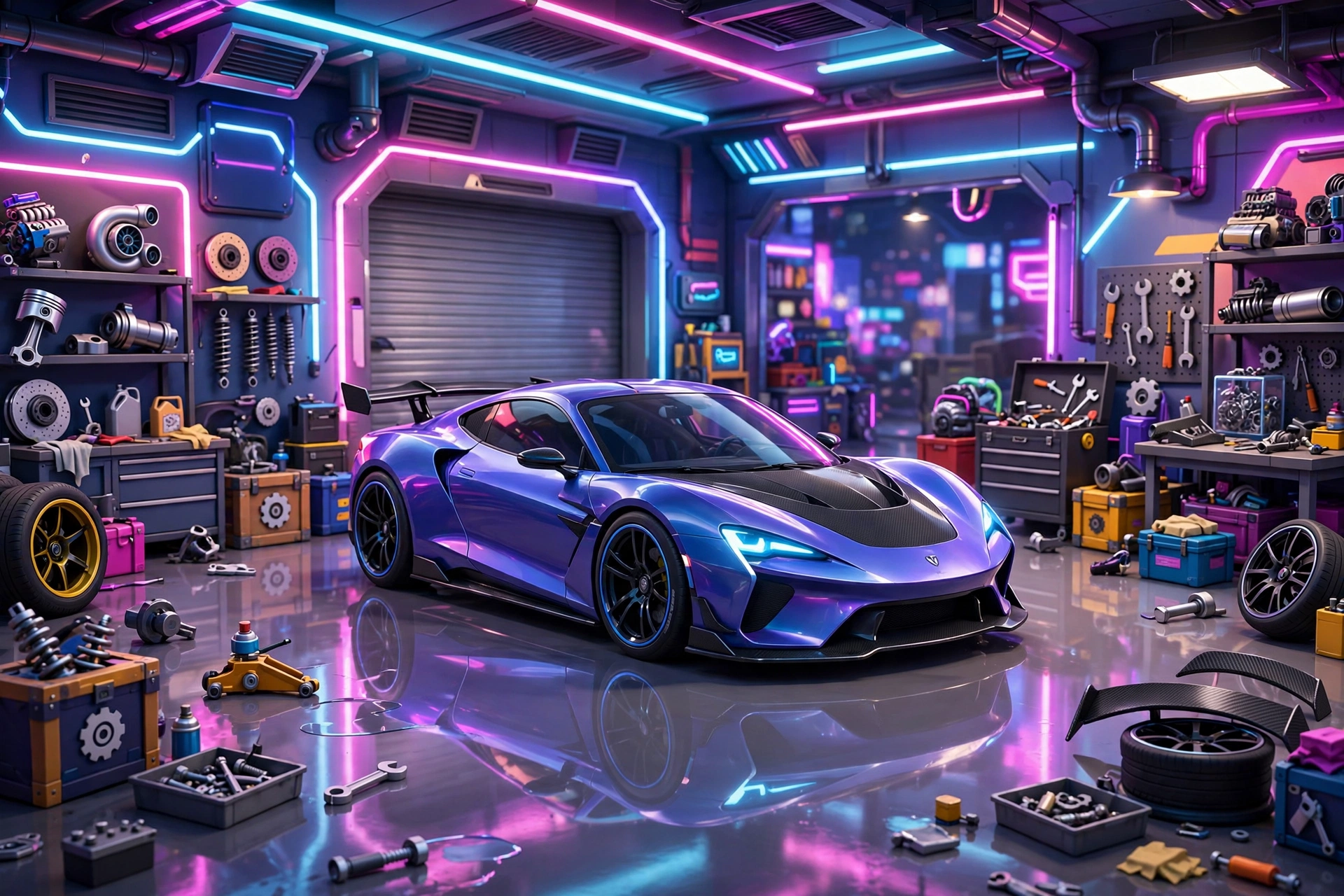 Sports car inside a tuning garage in Car Parking Multiplayer 2 with new gearbox options